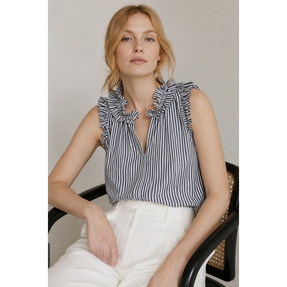 J.Crew‎ Striped Ruffle Neck Sleeveless Cotton Blouse Top Blue White Size 4